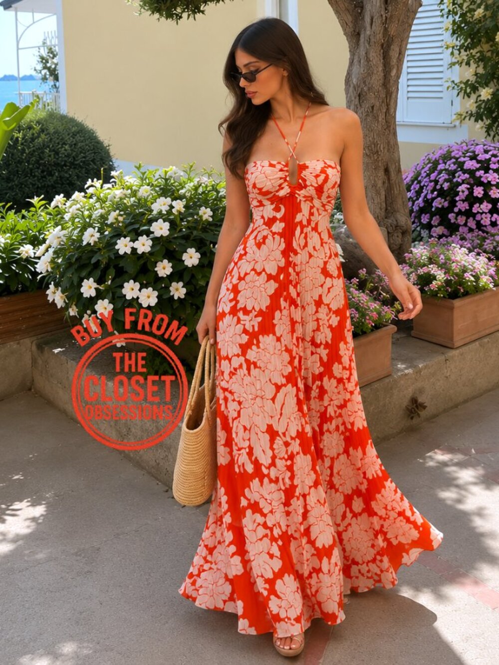 Mango NWT Red Floral Halter Pleated Maxi Dress 4 6 8 10